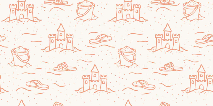 seamless pattern with hand drawn sandcastles buckets and flip flops orange line art beach texture for kids summer design