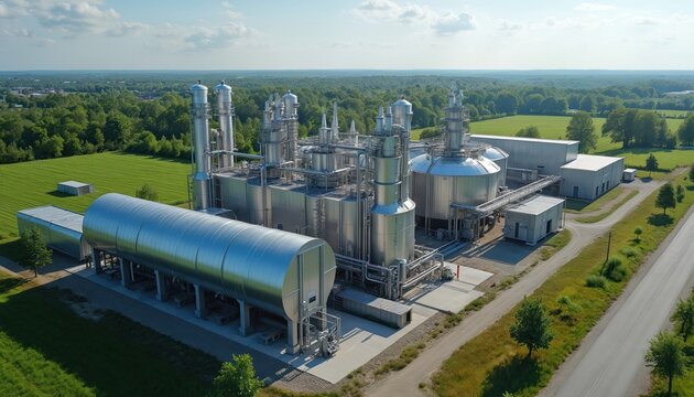 Modern industrial plant processes biomass for clean energy production. Steel towers and tanks form a complex manufacturing site. Eco-friendly tech handles waste management with carbon capture.