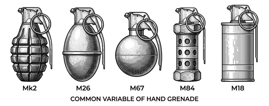 Military hand grenade set Mk2 M26 M67 M84 M18 engraving