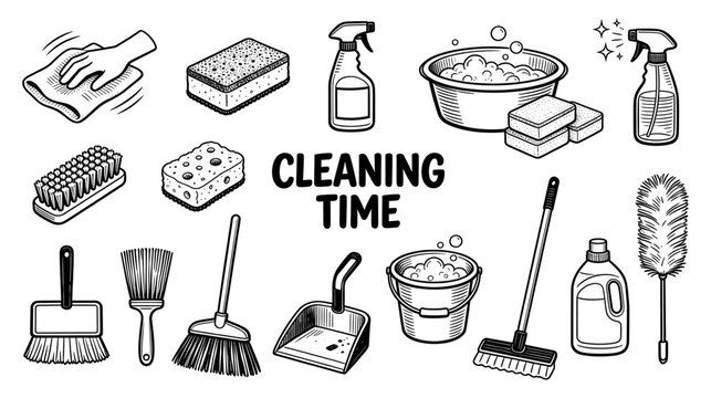 Cleaning household tool set mop broom spray bottle sponge sketch