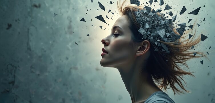 Woman head explodes into geometric shapes, particles representing changing thought patterns. Mind unravels, ideas scatter in airy background. New perspective forms. Concept of mental evolution,