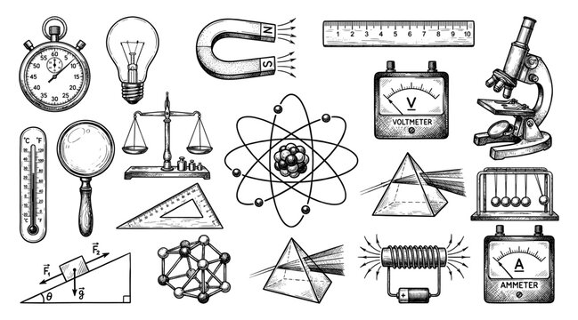 Science physics laboratory set microscope magnifying glass engraving