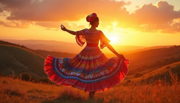 Hispanic woman in colorful dress dances at sunset. Lady twirls joyfully in a traditional costume against a warm, golden sky. She celebrates in a field at dusk.
