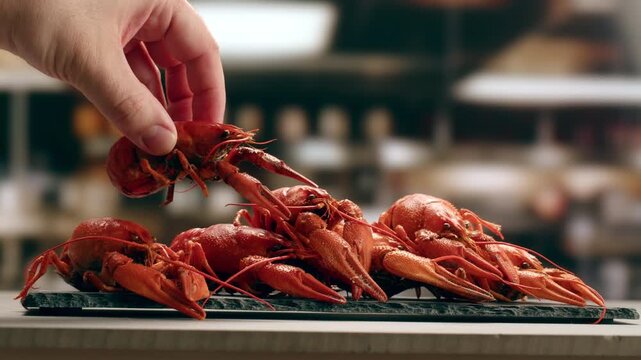 Boiled European crayfish Astacus astacus river seafood freshwater cooked crustacean, noble crayfish, or broad-fingered crayfish, traditional food source.