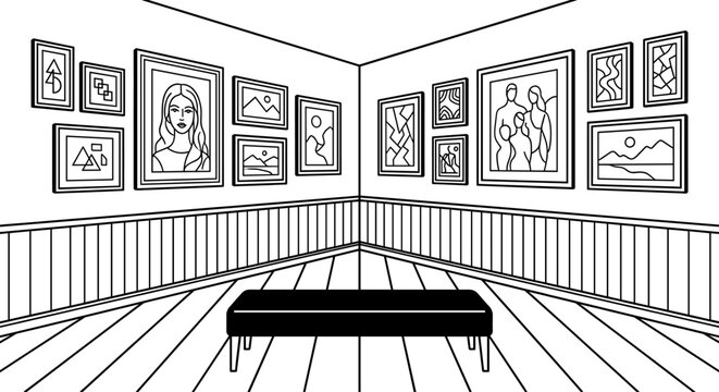 Museum gallery interior with framed painting and bench line
