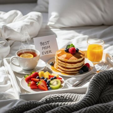 Breakfast in bed with best mom ever note on mother's day