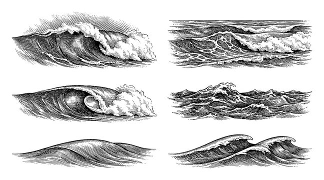 Sea wave set ocean surf splash vintage engraving