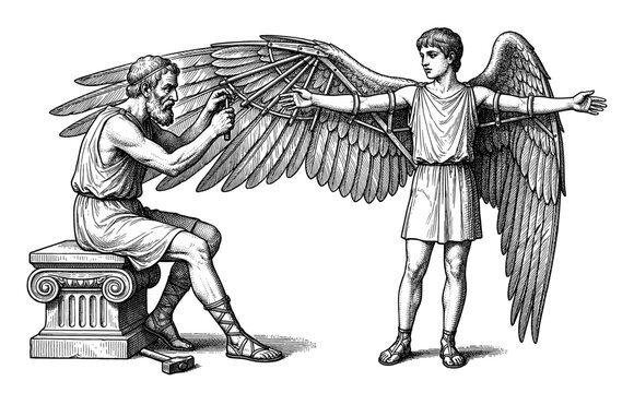 Daedalus attaching wing to Icarus vintage engraving