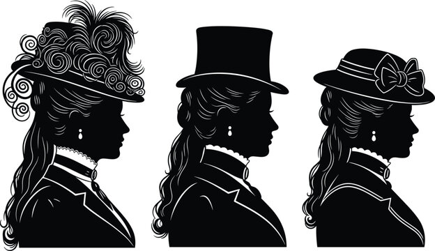 Set of three Victorian era elegant woman silhouettes in profile wearing vintage hats including top hat and ornate floral fascinator