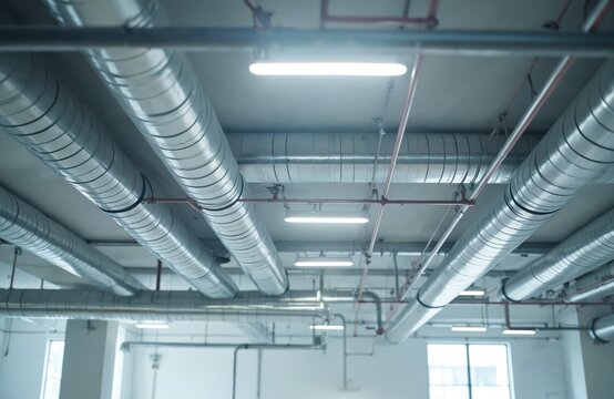 Metal ducts and pipes installed on building ceiling. Ventilation system and lighting fixtures are visible. Construction work in progress on industrial space.