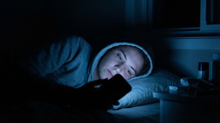 Fototapeta premium Late Night Scroll: A young woman in a hoodie lies in bed, illuminated by the blue light of her smartphone screen, lost in the digital world.