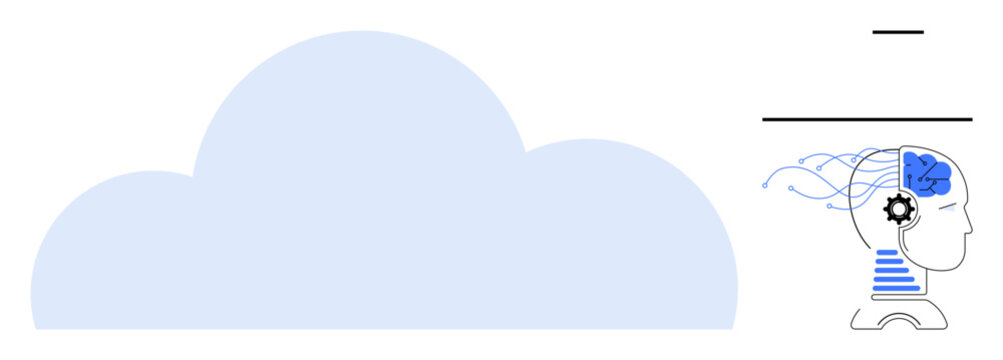 Cloud technology, artificial intelligence, data processing, machine learning, digital transformation, innovation. A blue cloud links to a mechanized human brain with circuits. Cloud technology