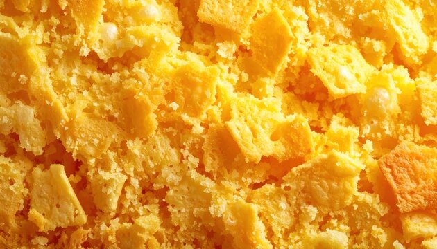 Close up of bright yellow sponge cake crumbs texture.