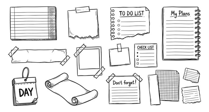 Paper note set with to do list checklist calendar and sticker sketch