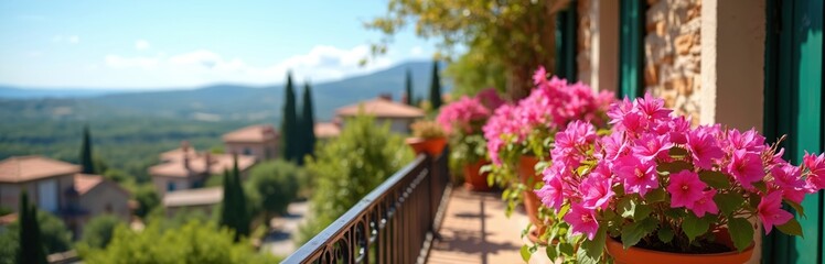 Obraz premium Pink flowers in pots on a balcony overlook a village in rolling hills under a blue sky. Summer blossoms add color to the terrace with a scenic view. Lush green plants surrounds the rustic homes below.