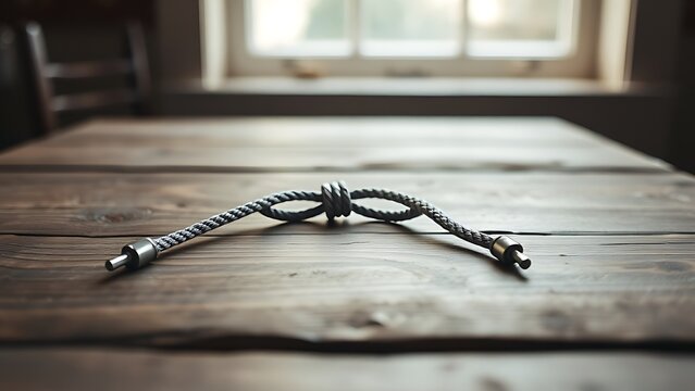 aglets. Single shoelace with metallic aglets on rustic wooden table. lifestyle magazines, social media lookbooks, designed for lifestyle magazines and social media content.