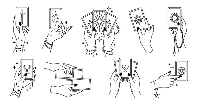 Tarot card set hand holding magic moon sun star and pentacle line art