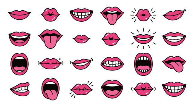 Mouth lips set with smile kiss tongue and female emotion flat icon
