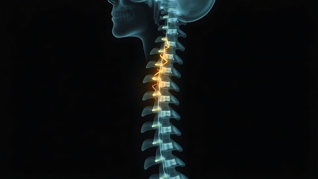 culpability. X-ray silhouette of a human spine with a subtle golden coil ascending within the vertebrae. STEM education sheets, lab safety posters, designed for biotech research communications.