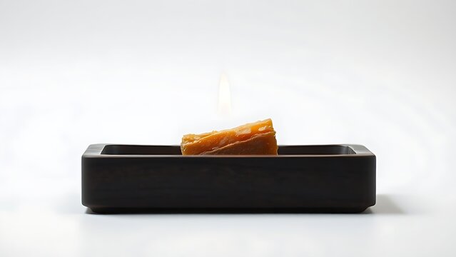 tolerable. Raw frankincense resin burning on dark wood, thin gray smoke rising. event programs, museum guides, designed for cultural heritage projects and event programs, used by interior designers.