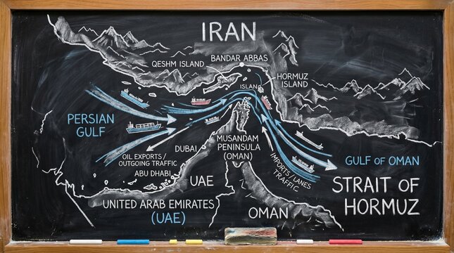 Strait of Hormuz Map: A detailed map illustrating the Strait of Hormuz, highlighting key geographical features and the flow of sea traffic.