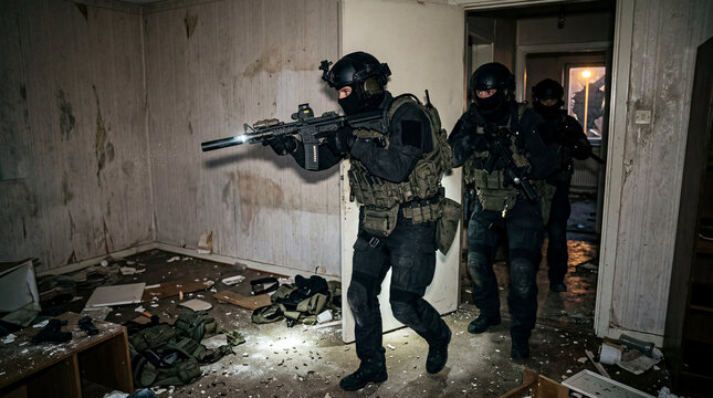 Armed Unit Moving Through Building In CQB Mission