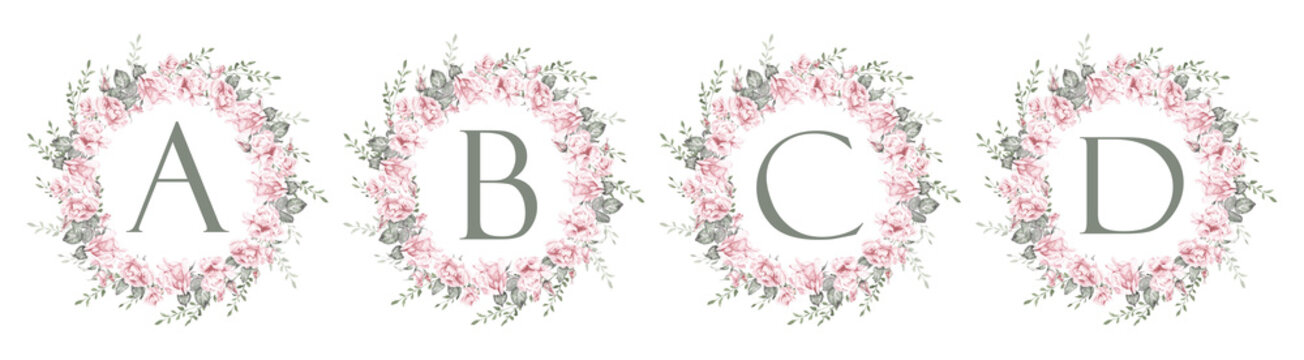 Floral alphabet letters A, B, C, D with rose wreaths, elegant botanical monogram initials for wedding invitations, branding, logos and romantic design elements