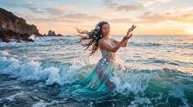 Sea goddess emerging from ocean creating magic water splash at sunset