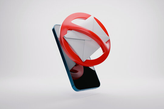 3D illustration of a smartphone with a white envelope behind a red stop sign. Concept for email blocking, spam filter, forbidden messages, digital security, and mobile communication control. Scam
