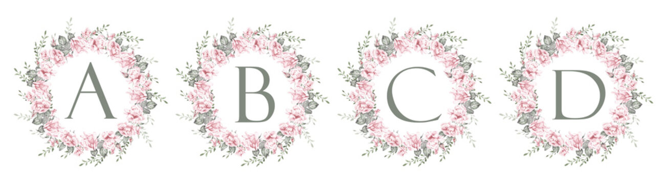 Floral alphabet letters A, B, C, D with rose wreaths, elegant botanical monogram initials for wedding invitations, branding, logos and romantic design elements