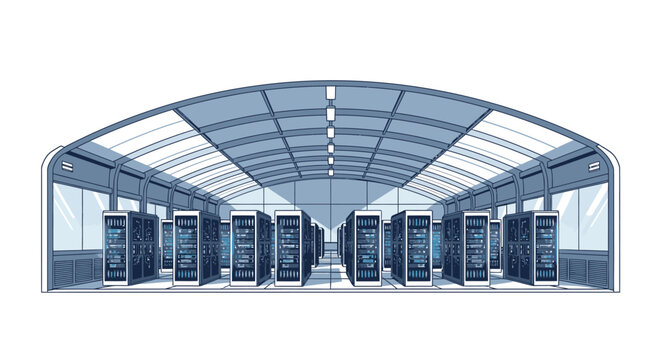 Modern data center with rows of server racks under a futuristic arched ceiling, digital technology concept