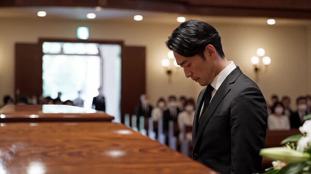Sad asian widower in a black suit standing by the coffin with white lilies, mourning the loss of a loved one during a solemn funeral service in a church or chapel with guests in the background