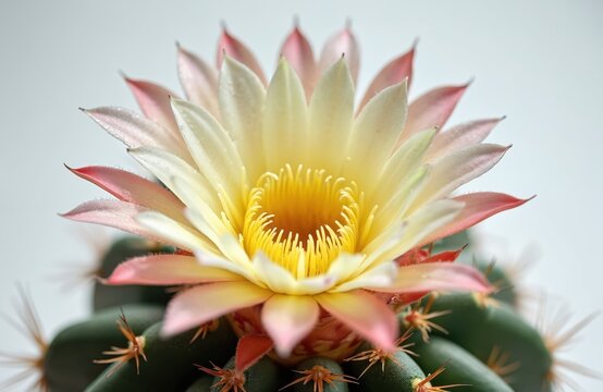 Astrophytum asterias cactus blooms with delicate pale pink and yellow petals. Macro view of star cactus flower on isolated white background. Exotic desert plant flora detail.