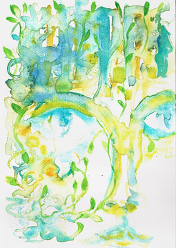 Abstract woman face with botanical branches, green blue watercolor portrait, nature identity concept, hand painted watercolor