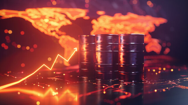 global energy shortage crisis concept picture of oil barrels and pumpjacks with financial chart at sunset over industrial refinery.	
