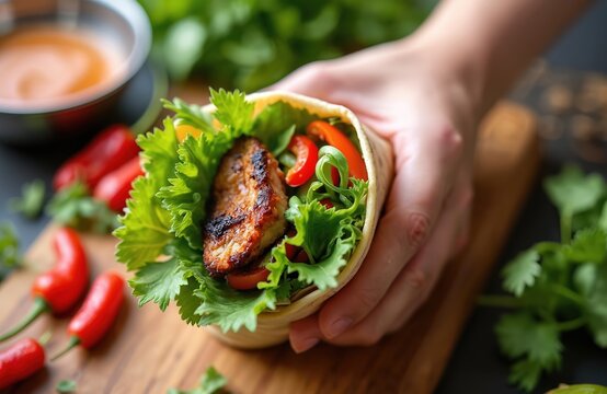 Person holds delicious pork wrap with fresh veggies and spicy sauce. Grilled meat and greens are bundled in flatbread. Healthy asian meal prepared for eating, served with dipping condiment.