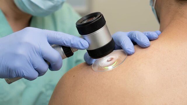 Professional dermatologist examining a patient's mole on the shoulder with a modern dermatoscope for early detection of skin cancer, melanoma, or other dermatological diseases