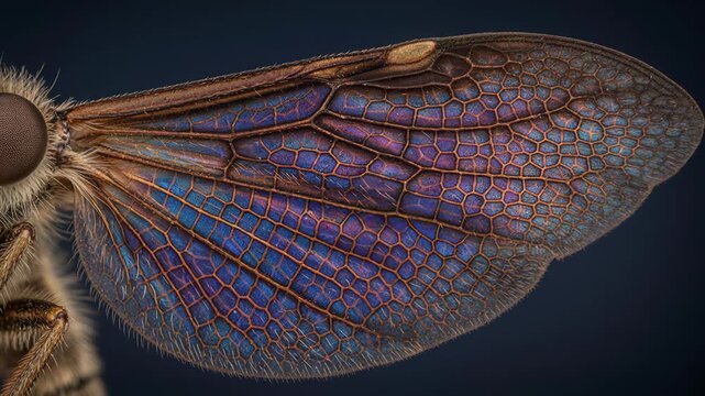Extreme close up of a delicate insect wing showing its intricate honeycomb pattern and mesmerizing iridescent colors shimmering with beautiful blue. Purple. And magenta hues against a dark background