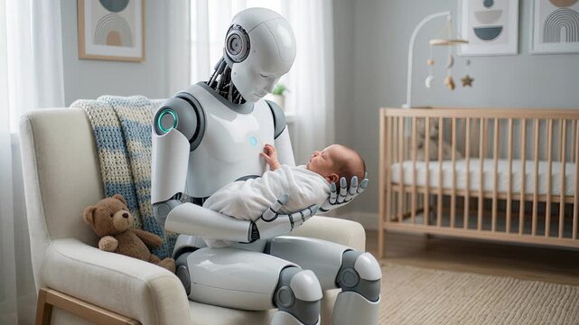 Futuristic android nanny with artificial intelligence gently holding a sleeping newborn baby in a cozy nursery, representing a new era of automated childcare, technology, and parenting assistance