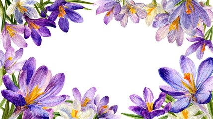 Obraz premium rectangular frame of crocus primroses on a white background, watercolor
