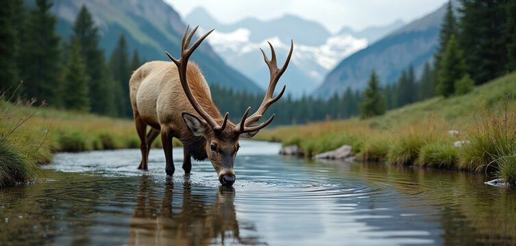 Majestic stag with large antlers drinks from clear mountain stream. Green grass and pine trees line riverbank. Mountains rise in background.