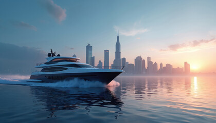 Naklejka premium Luxury yacht glides through calm water past modern city skyline at dawn. Tall skyscrapers reflect in the shimmering ocean. Peaceful boat journey at sunrise.
