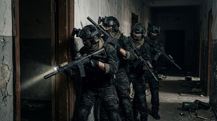 Fototapeta premium Special Forces Clearing Rooms In Urban Combat Zone