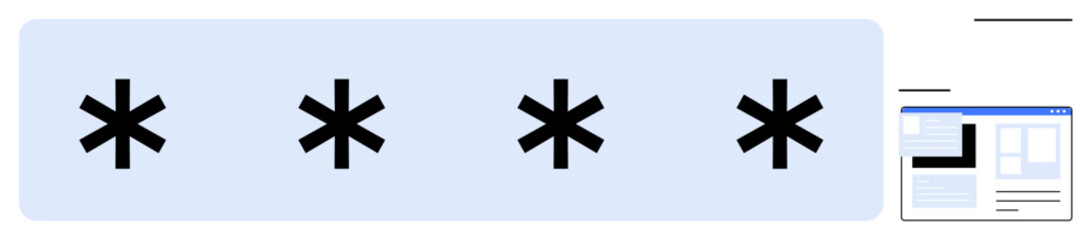 Obraz premium Cybersecurity, online privacy, data protection, authentication processes, identity management, password input. Four black asterisks on a blue background with a partial UI screen. Cybersecurity