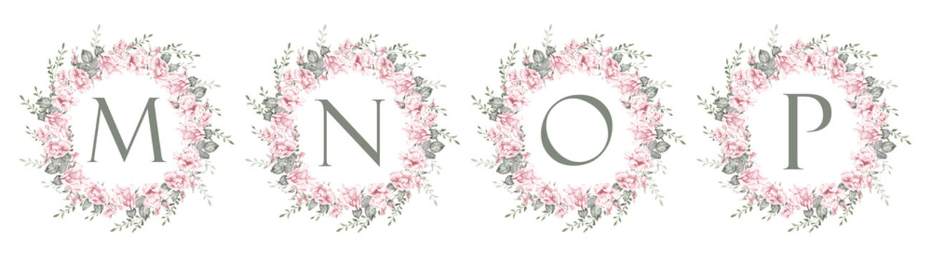 Watercolor floral alphabet letters M, N, O and P with elegant pink peony wreaths. Hand painted botanical uppercase initials for monograms, wedding stationery, invitations, branding and romantic floral