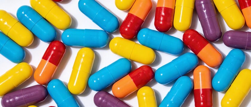 C&aacute;psulas m&eacute;dicas coloridas espalhadas sobre fundo branco
