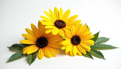 Fototapeta premium Three bright yellow daisy flowers with dark centers and green leaves. This floral arrangement sits on a plain white background. Simple botanical composition.