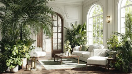 Obraz premium Luxurious interior with lush greenery, sunlight, and comfortable white furniture