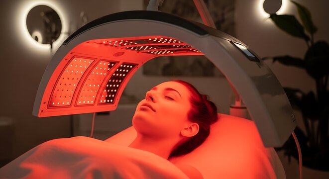 Woman enjoying a red light therapy session for enhanced wellness and longevity treatments