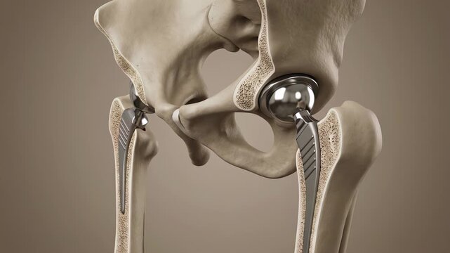 Medically accurate 3d animation showing the installation of total hip replacement prostheses, rotating to display the anatomy of the hip joint, femur, and artificial implant components in detail